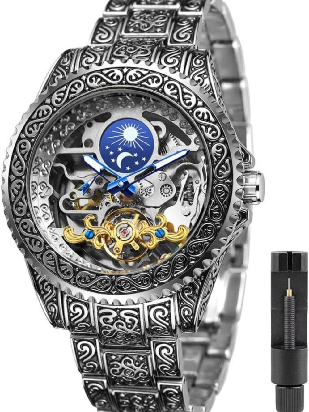 Stylish Men's Mechanical Skeleton Watch, Waterproof Stainless Steel Strap